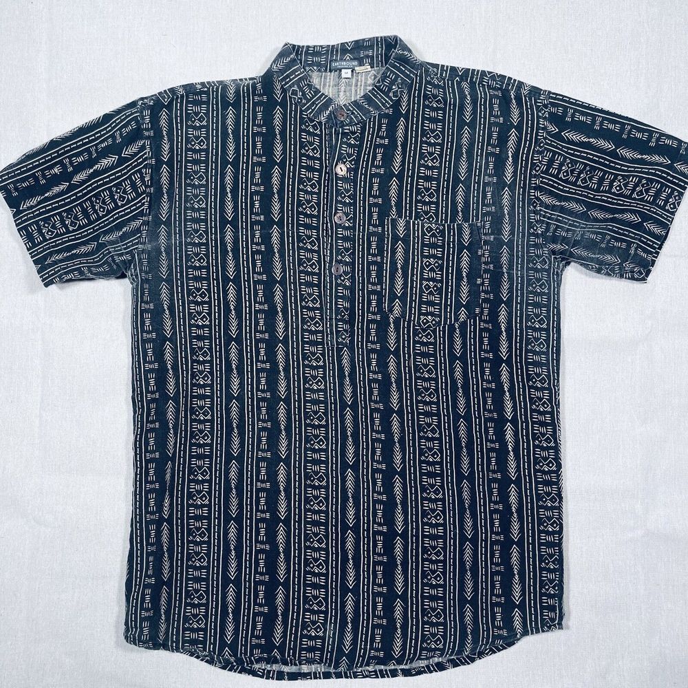 Earthbound Trading Co Mens Aztec Southwest Button Down Short Sleeve Medium Black